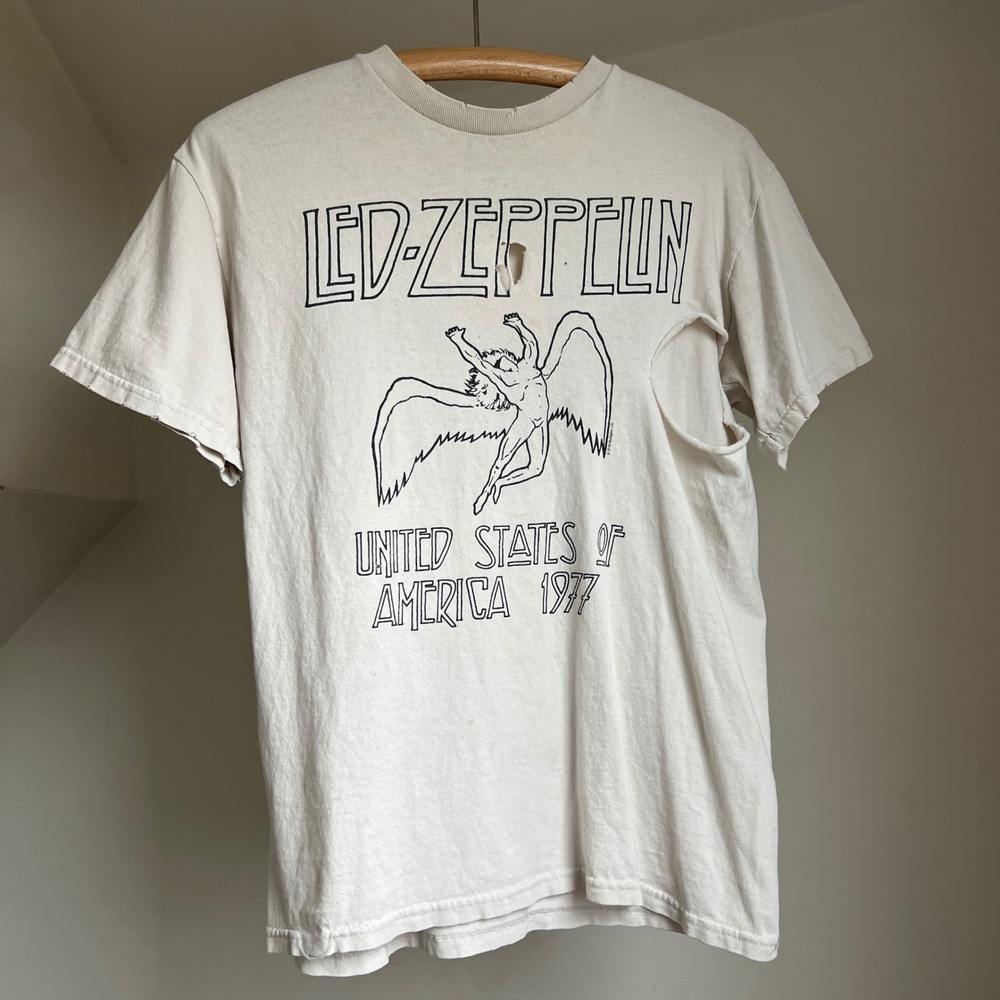 Led Zeppelin T Shirt Size M White Distressed 1977 US Tour Graphic Band Tee Rock
